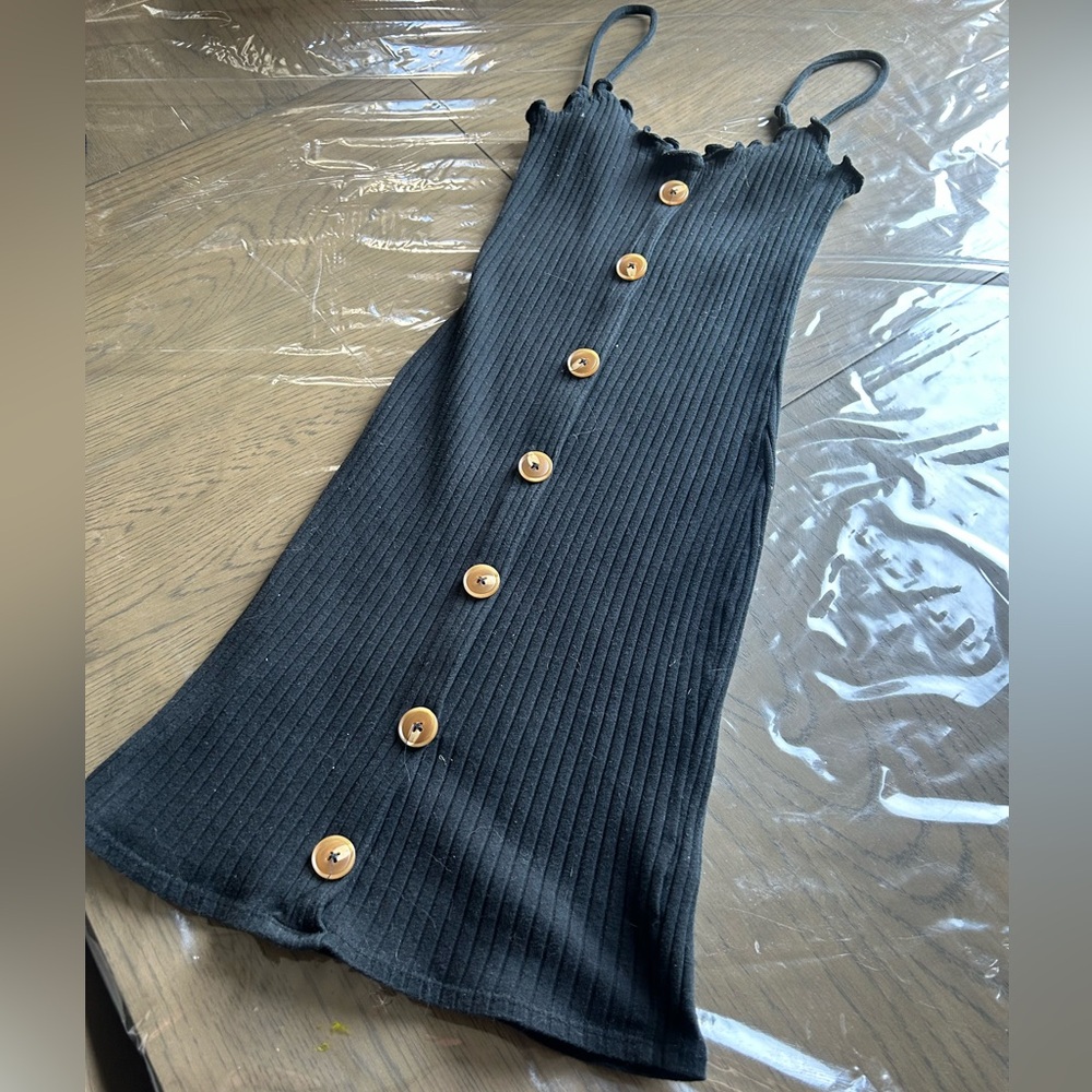 Papaya Black Ribbed Midi Dress with Button Detail